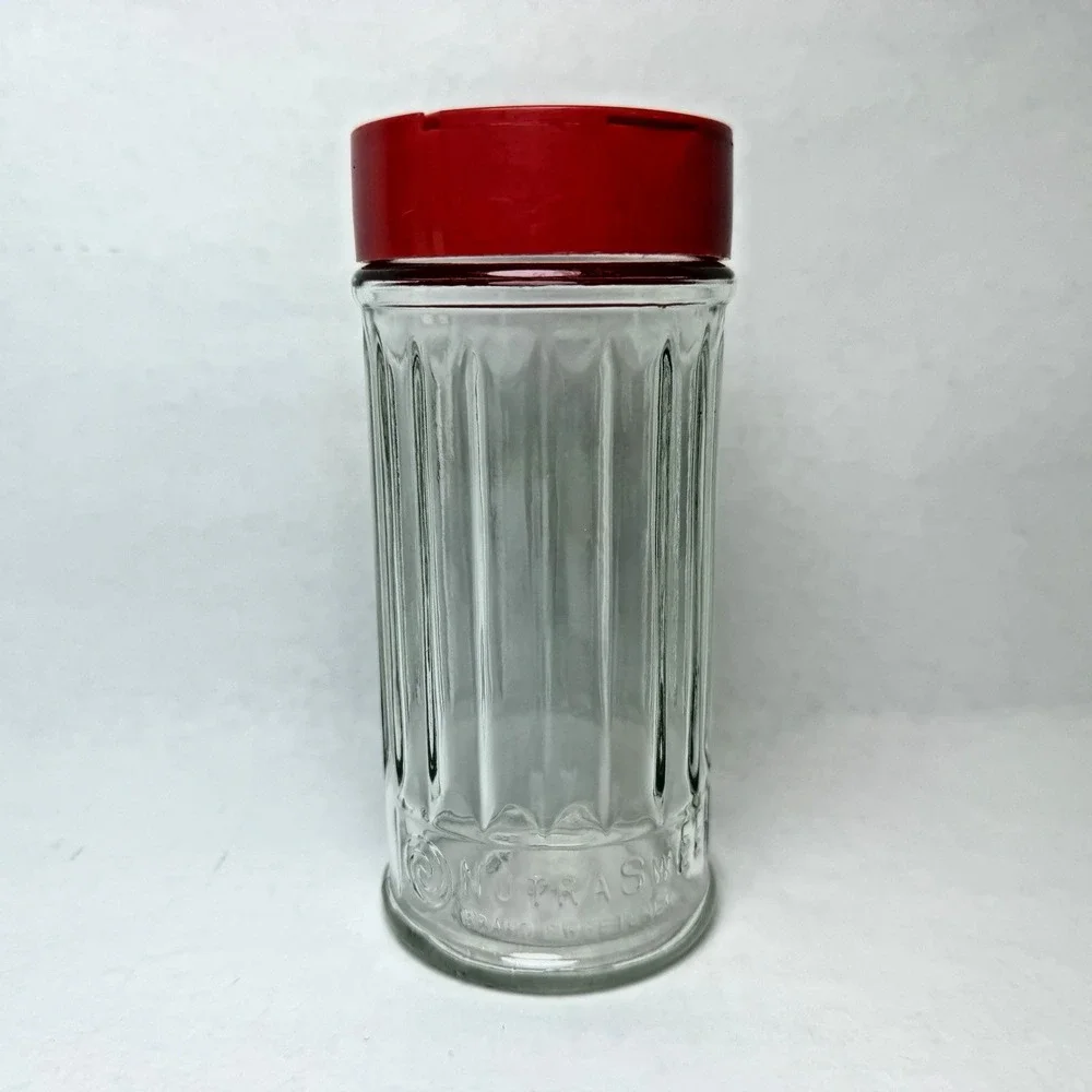 Vintage NutraSweet Brand Sweetener Ribbed Glass Jar w/Plastic Shaker Lid